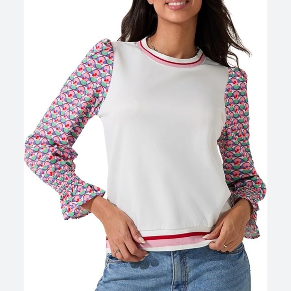 FATE Anthropologie Crew Neck White Sweater with Silky Patterned Sleeves Sz M - Picture 1 of 12